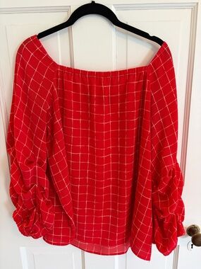 Red Check Square Neck Loose Fit Blouse with Fun Ruched Half Sleeves